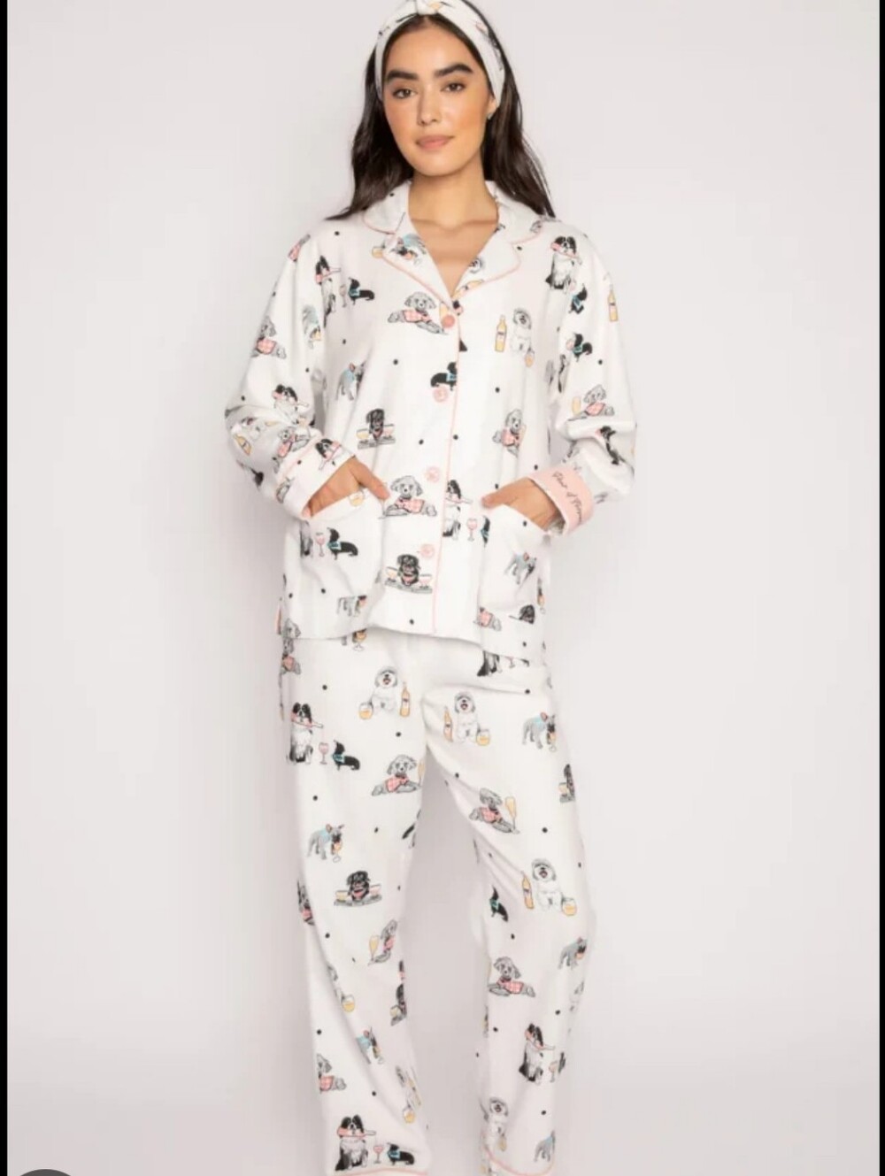 P.J. Salvage Flannel Nwt Ivory Dog Champagne Print Pajama Top with Pink Trim - S